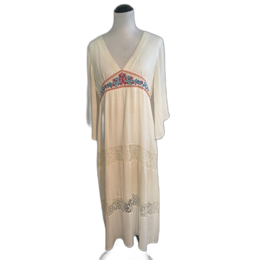 Vintage Women Hippie Floral Embroidered Deep V Neck BOHO Maxi Lace Dress Size 12